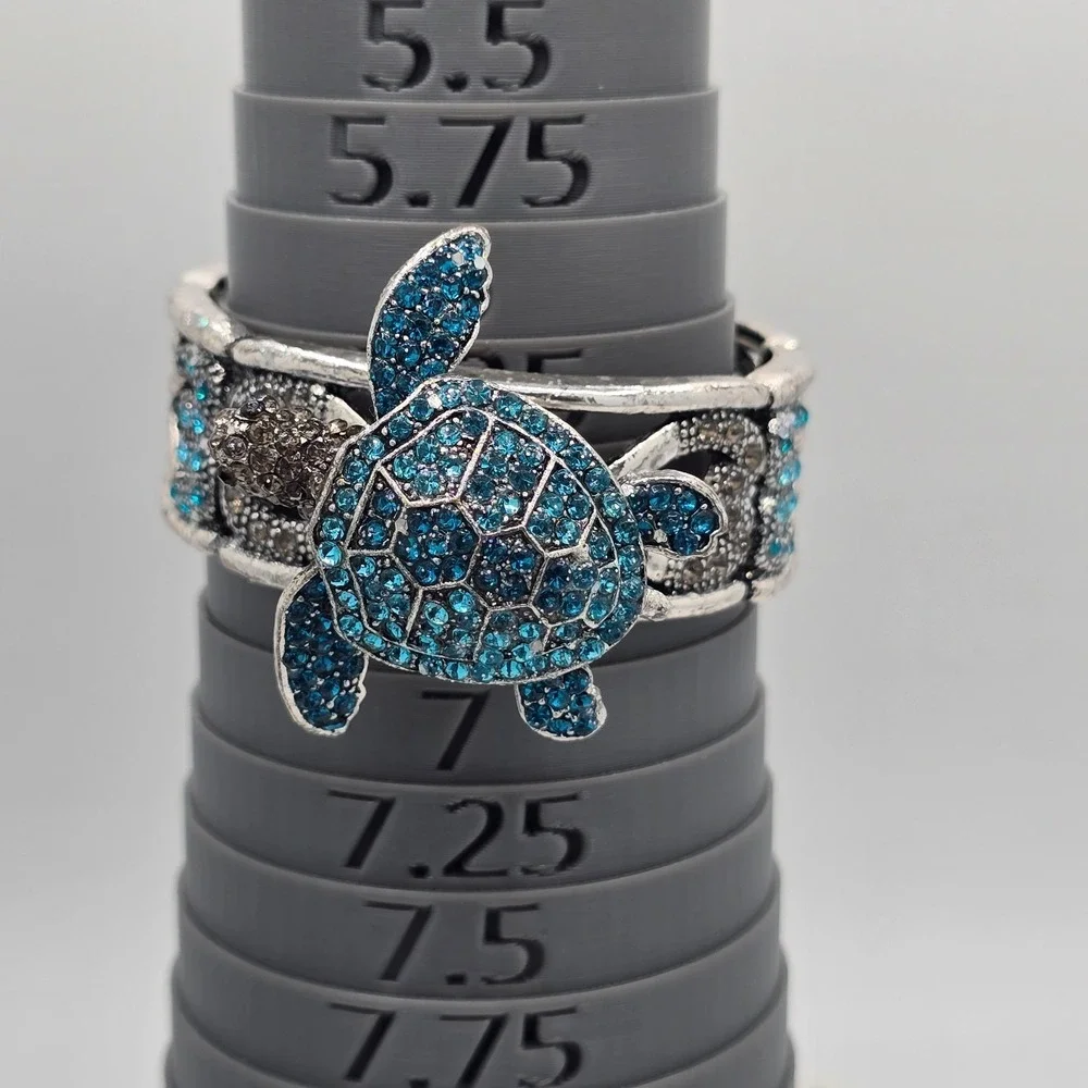 Rhinestone Articulated Turtle Bracelet Bangle Blue Magnetic Pendant Brooch 6.5